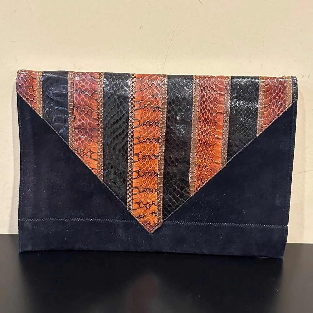 Vintage Patchwork Envelope Clutch Bag Black Brown